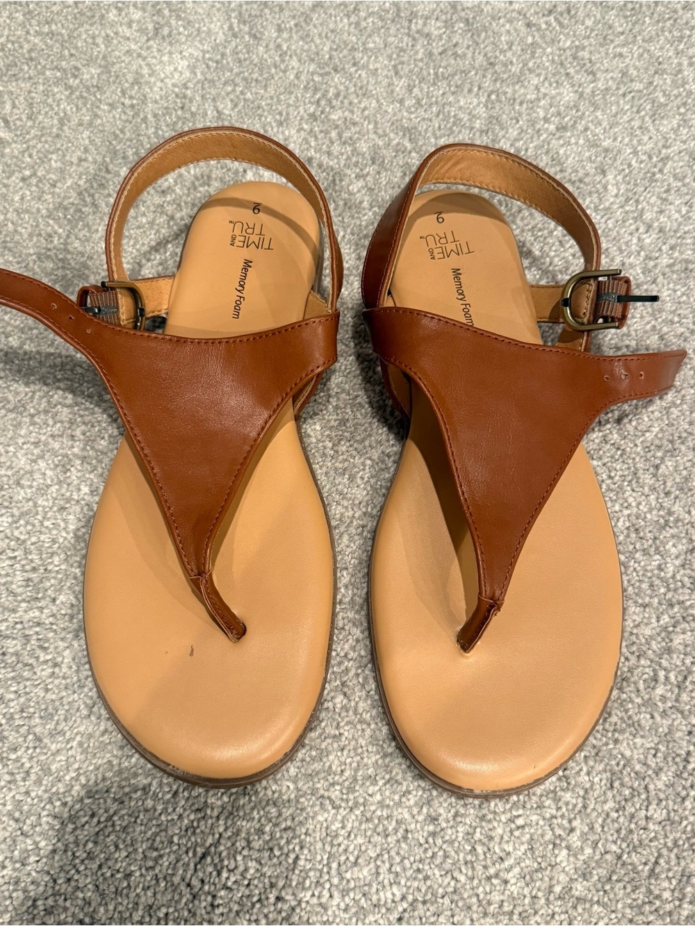Time and Tru Tan Brown T-Strap Ankle Buckle Sandals